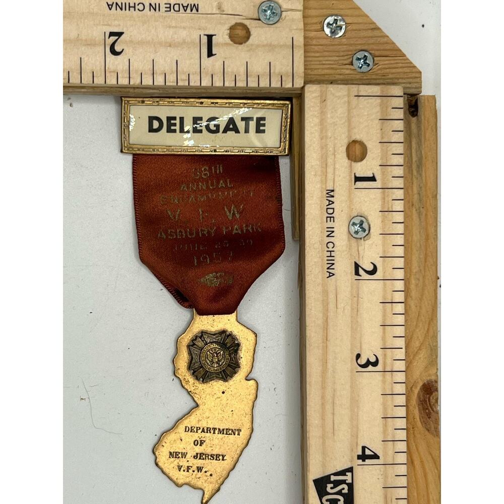 Vintage 1955 VFW NJ Delegate Ribbon Medal 36th Annual Encampment Asbury Park